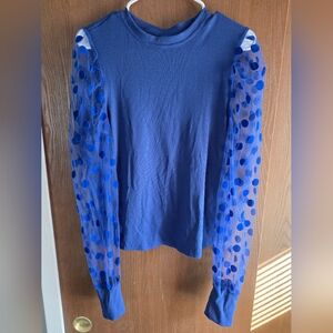 SHEIN Blue Top with Sheer Polka Dot Sleeves